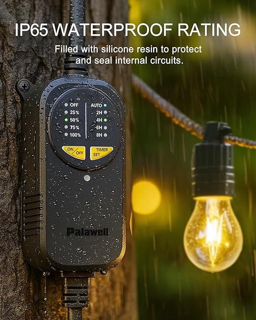 Outdoor Dimmer Plug for String Lights with Remote, 600W Plug-in Dimmer Switch Dusk-to-Dawn Sensor + Timer, Power Outage Memory, IP65 Waterproof, No App No WiFi, for Patio, Indoor & Holiday Lights