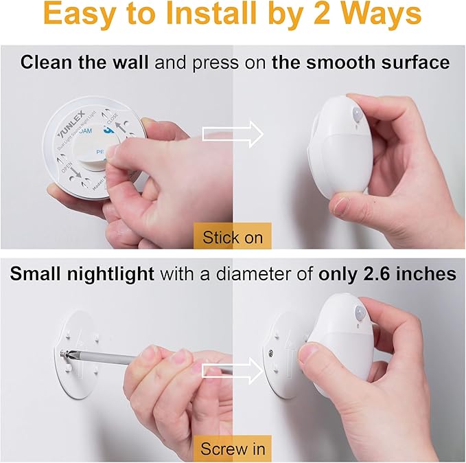 YUNLEX 2 Pack Toliet Lights, 2.6" Small Motion Sensor Battery Night Light, Dimmable LED Nightlight, 3 Light Modes, Stick on Lights for Bathroom, Travel, Stairs, Cabinet, Bedroom, Kids, Warm Yellow