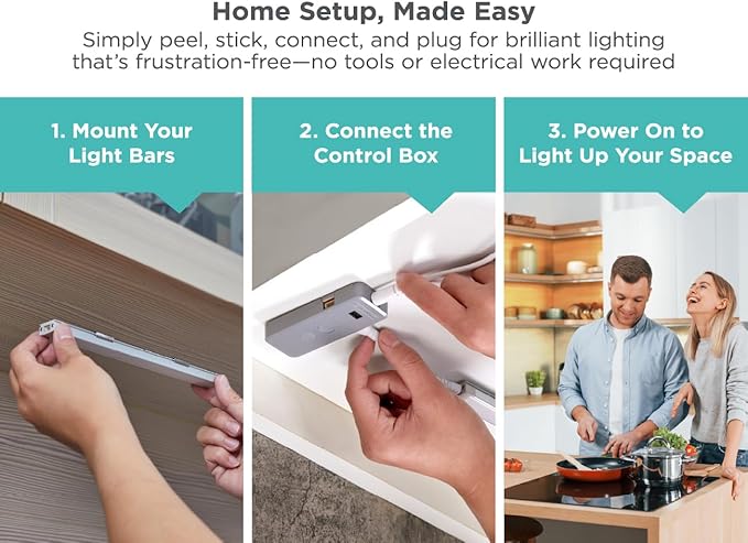 PureOptics LED Under Cabinet Light Kit, Motion Sensor, Dimmable, Linkable, 3 Color Settings, Tool-Free, for Kitchen, Cabinets and Closets, (3) 9" Bars