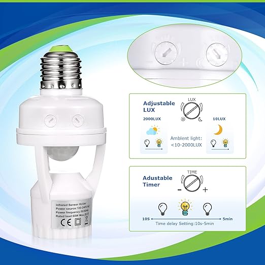 Hortsun 3 Pcs Motion Sensor Light Socket Smart Screw in Light Bulb Outlet Compatible with E26/e27 Motion Activated Bulb Holder Adapter Automatic Control for Porch Garage Storage Room (White)