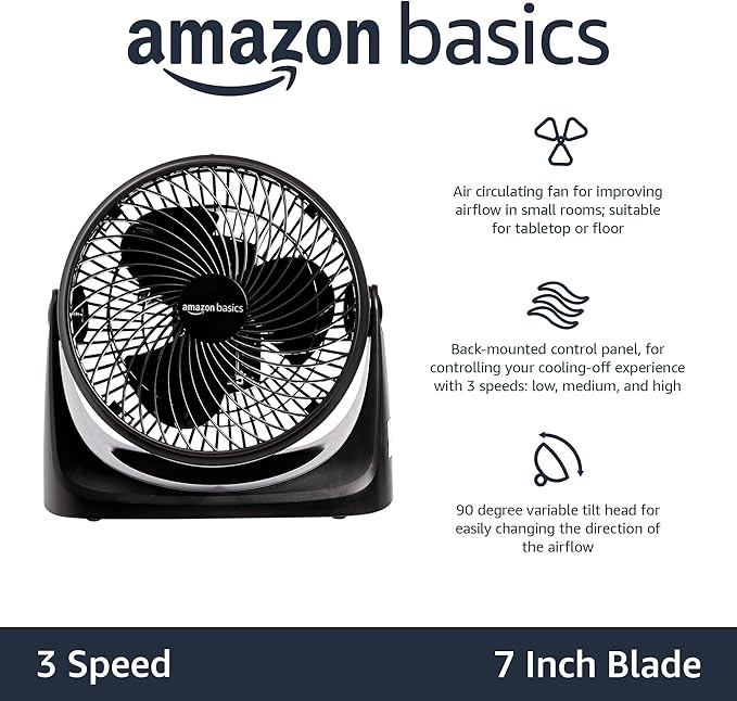 Amazon Basics Air Circulator Desk Fan for Bedroom, Home and Office, 90-Degree Tilt Head, 3 Speed Settings, Cooling, 35 Watts, Black, 11.1"W x 6.3"D x 10.9"H