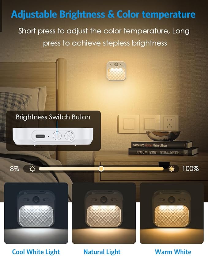 AMIR Rechargeable Battery Night Light, Upgraded Dimmable Motion Sensor Light with Timer, 3 Modes, 3000/4500/6000K, Stick on LED Wall Lights for Stairs Bathroom Kitchen, 2 Pack