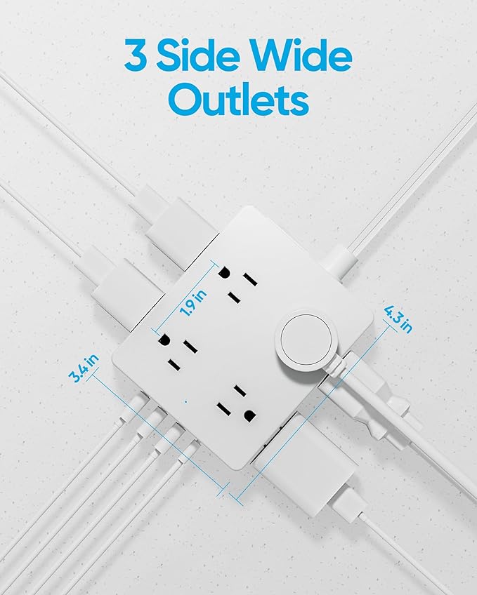 Olcorife Flat Plug Power Strip with 10 FT Extension Cord, 8 Outlets 4 USB Ports(1 USB C), 3 Sided Outlet Extender for Home Office Travel Dorm Room Essentials, White
