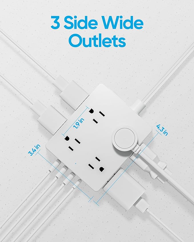 Olcorife Flat Plug Power Strip with 5 FT Extension Cord, 8 Outlets 4 USB Ports(1 USB C), 3 Sided Outlet Extender for Home Office Travel Dorm Room Essentials, White