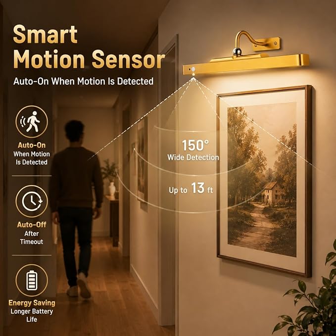 TANBABY 6000mAh Rechargeable LED Picture Lights with Motion Sensor, 3 Color Temps & 5 Levels Brightness Art Light, Cordless Remote Control Magnetic Wall Light for Hallway, Living Room(Gold-2Pack)