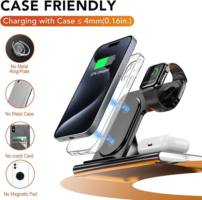 3 in 1 Charging Station for iPhone 17 - Wireless Charger for Apple Devices for iPhone 17 16 15 14 13 12 11 Pro Max - Foldable Wireless Charging Station Dock Stand for Apple Watch Series & AirPods