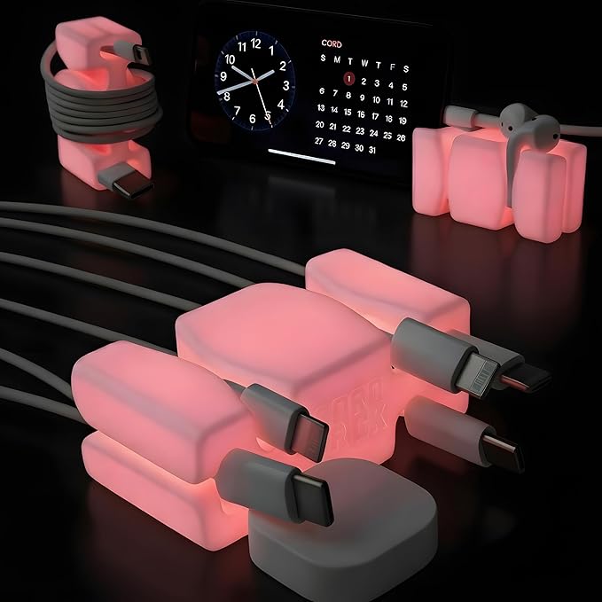 CordBrick 2PK Glowing Silicone + Steel Weighted Cable Holders for Nighstands, Cord Wraps for Travel, Unique iPhone Accessories. Small Graduation Gift for High Schoolers. Gadget for Teens. Pink Glow