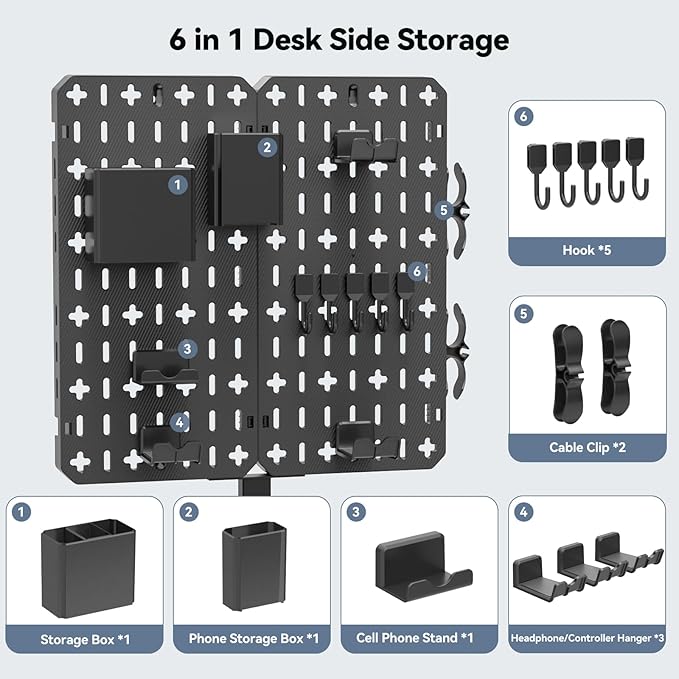 KDD 7 in 1 Clamp-on Desk Pegboard - No Drill Desk Side Storage with Phone Stand/Pen Holder/Storage Box/Headset & Controller Holder/Hooks, Detachable Gaming Pegboard for Office & Home Desktop Organizer