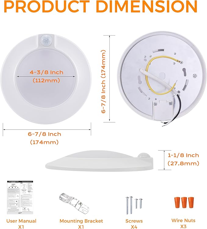 CLOUDY BAY 5 Color Motion Sensor Ceiling Light, 120V CRI90 10W,6.5 inch 2700K/3000K/3500K/4000K/5000K Selectable LED Flush Mount Fixture for Garage,Walk-in Closet,Attic,Pantry