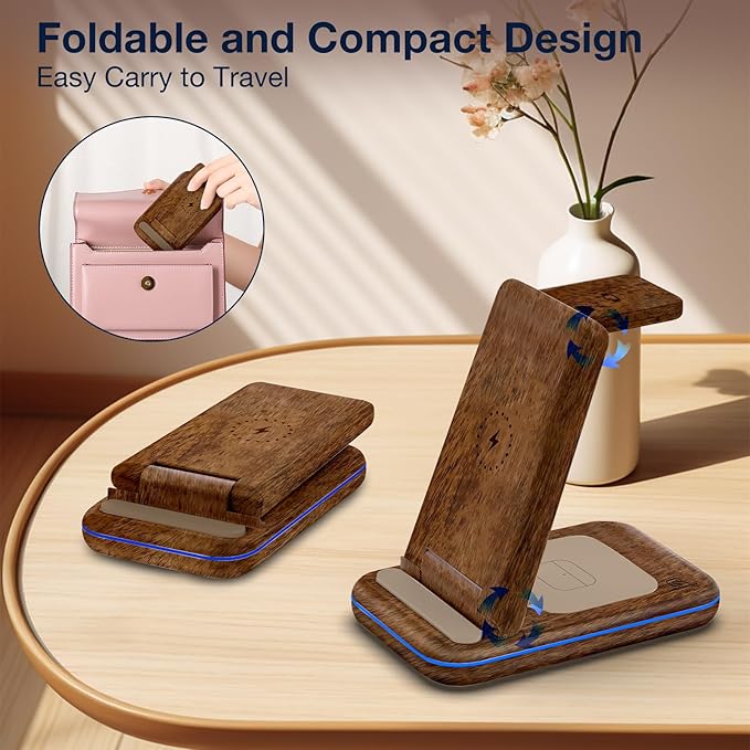 Wireless Charger for Samsung/Android, HOLYJOY Foldable 3 in 1 Fast Charging Station/Stand/Multi Charger for Samsung S25 Ultra/S24/Note 20, Travel Pad for Galaxy Watch 8/7/6/5/Active 2, for Buds(Wood)