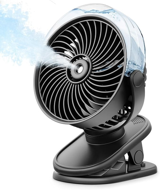 SWEETFULL Portable Misting Clip On Fan, USB-C Rechargeable Mini Personal Cooling Fan with 4 Speeds, 360° Rotatable, Quiet Cooling for Outdoor, Camping, Golf Cart, Travel, Stroller & Desk (Black)
