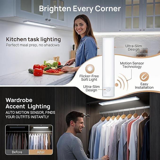 Under Cabinet Motion Sensor Lighting: 8 Inch Dimmable Rechargeable Lights Indoor - Battery Operated Lights - Undercabinet Closet Light Magnetic Led Light for Kitchen Home Bathroom Counter 2 Pack