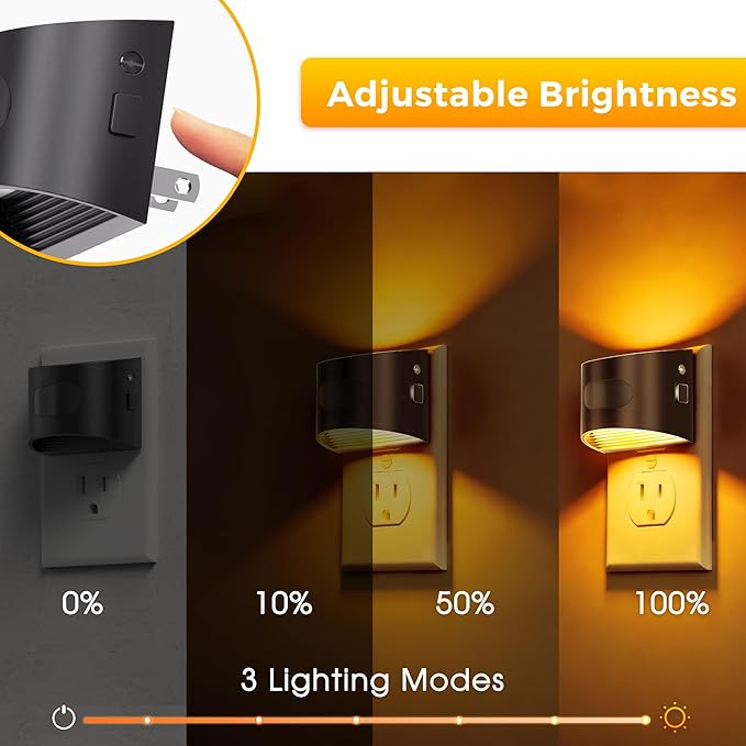 L LOHAS LED Night Light with Motion Sensor & Dusk to Dawn Sensor, Night Lights Plug into Wall with 30-100lm Adjustable Brightness, Dimmable Night Light for Bathroom Hallway, 1600K Amber, 4 Pack
