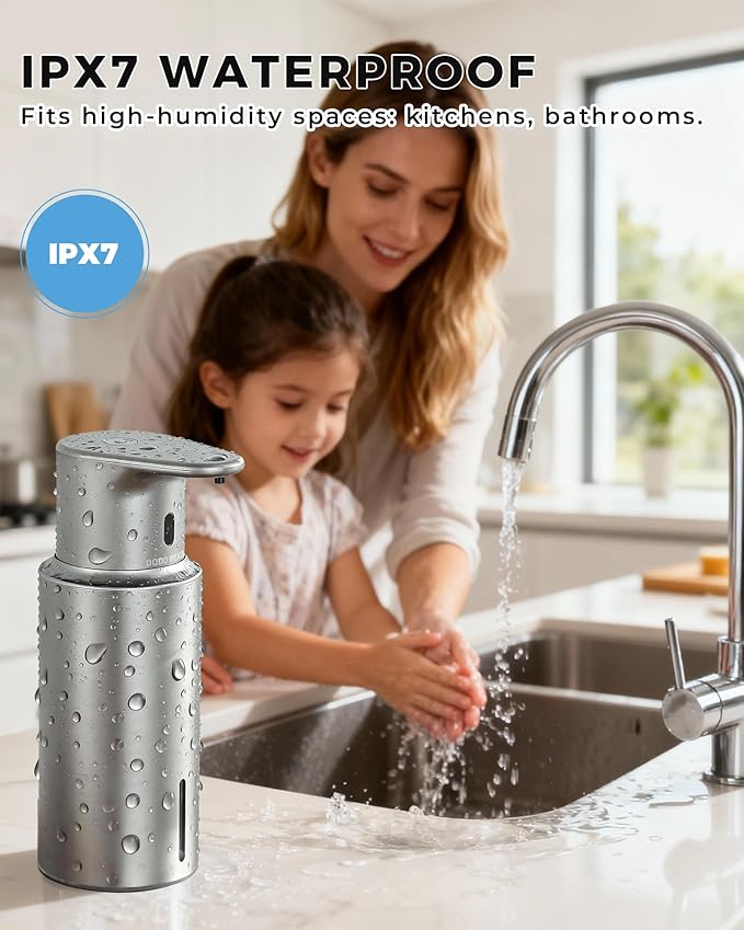 Automatic Liquid Soap Dispenser Touchless, 304 Stainless Steel Bottle Body &16.2oz/480ml Rechargeable, 3 Adjustable Liquid Levels, IPX7 Waterproof, for Kitchen Bathroom, Stainless Steel