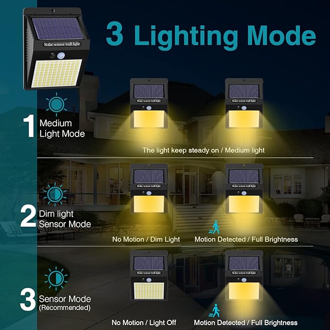 kolpop 6 Pack Solar Motion Lights Outdoor, 3 Modes/100LED Security Wireless IP65 Waterproof Wall Outdoor for Front Door, Backyard, Garage, Deck(Warm White)