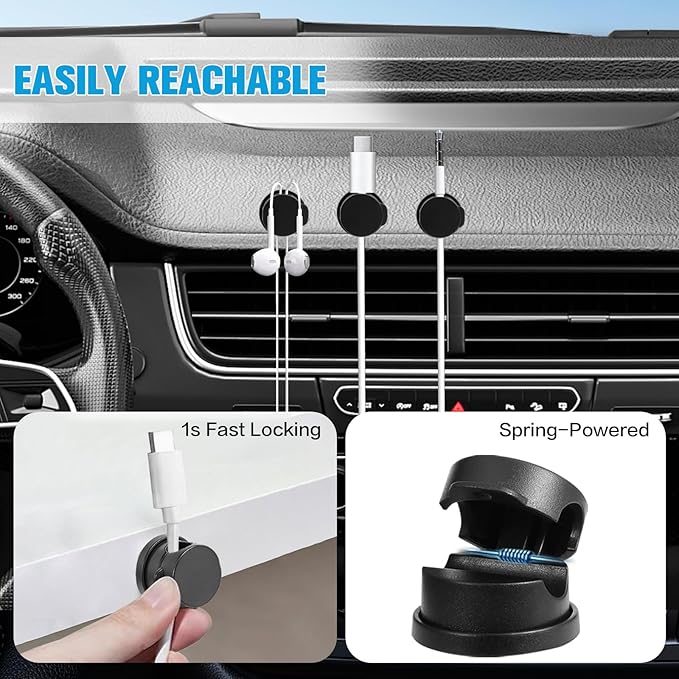 6PC Cord Organizer Holder, 360° Rotatable Spring Cable Clips, Strong Adhesive Cable Management Desk Accessories, Adjustable Wire Organizer Hide Cords Neatly for Nightstand, Home, Kitchen, Office, Rv