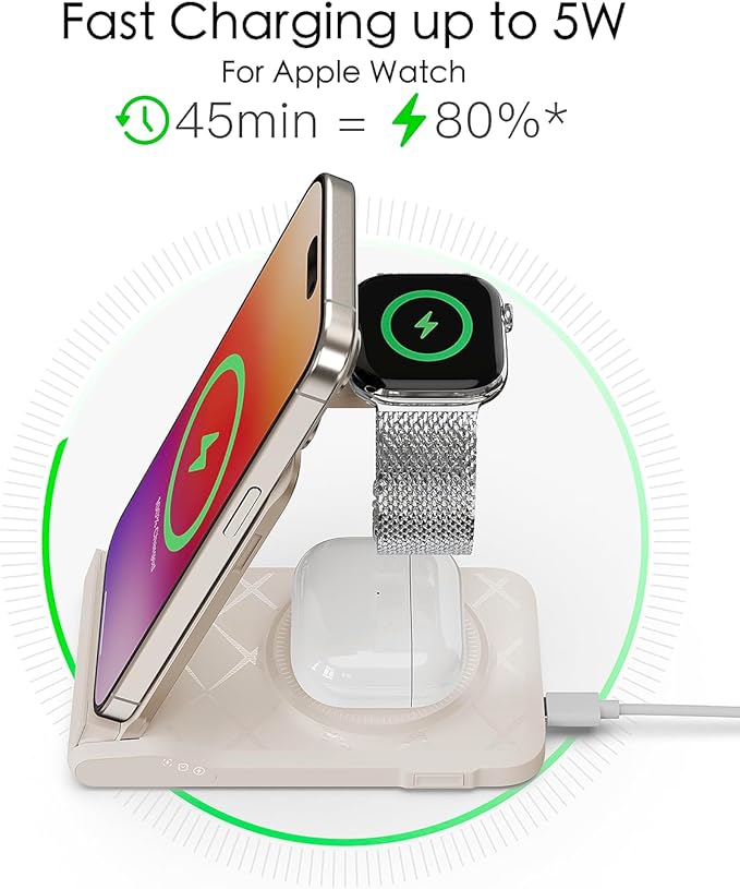 3 in 1 Charging Station for Multiple Devices,Travel Wireless Charging Station, Foldable Charger for iPhone 17 Air 16 15 14 13 12 Series,& Android Phone,& iWatch (USB-C Adapter Included)