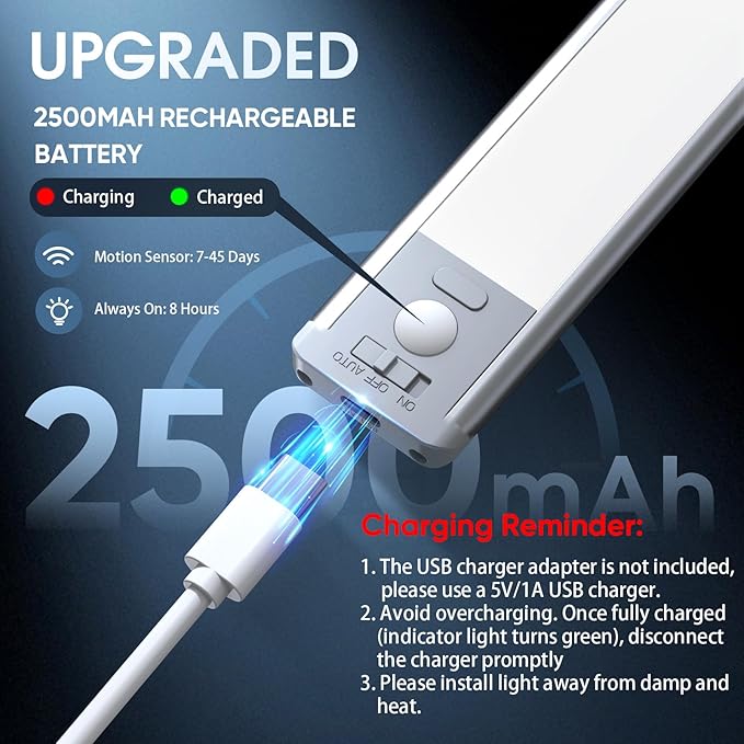 MCGOR 14.7inch Under Cabinet Lighting, 2 Pack Rechargeable Motion Sensor Light Indoor, 5 Levels Dimmable Magnetic Closet Lights, Wireless Under Counter Lights for Kitchen, Stairs,Hallway