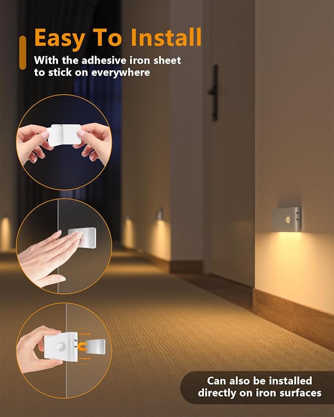 WILLED Motion Sensor Night Light, Rechargeable Stair Lights Indoor, Warm White Motion Sensor Light Indoor, Battery Operated Night Light for Hallway, Stairway, Bathroom, Bedroom, Kitchen, 6 Pack
