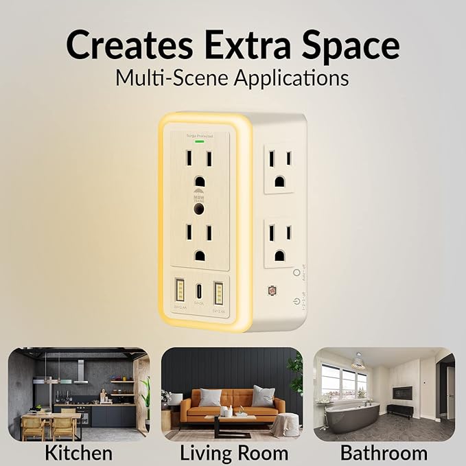 WBM Smart Multi Plug Outlet, Surge Protector, 6-Outlet Extender with 2 USB Charging Ports, USB-C & Night Light, 3-Sided Power Strip with Adapter Spaced Outlets - 2 Count, White