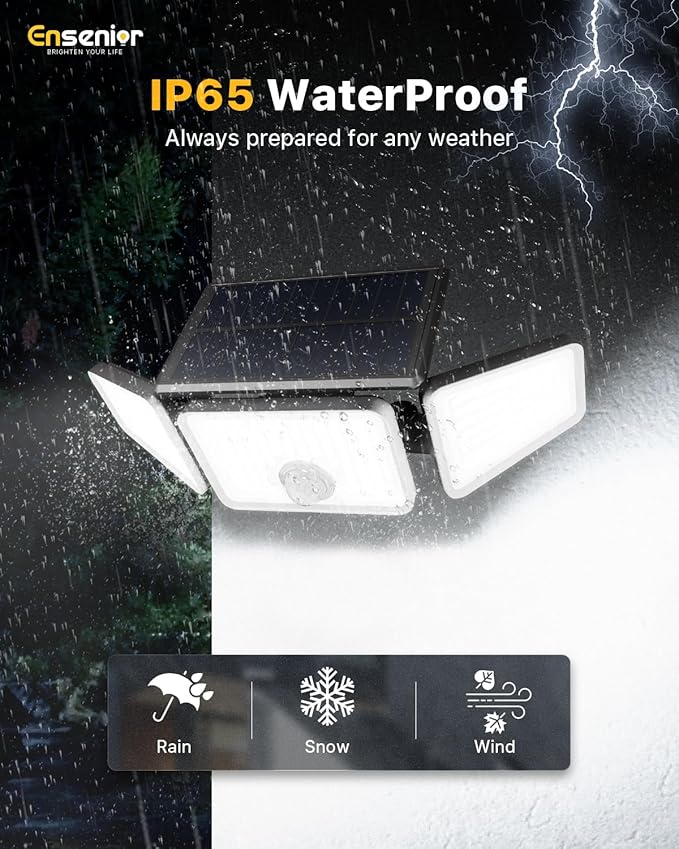 Ensenior Solar Motion Lights Outdoor, 3000LM 220 LED High Brightness Motion Sensor Outdoor Lights, 3 Head 4 Modes 270° Wide Angle Flood Lights IP65 Waterproof, Remote Control Security Lights, 2 Pack
