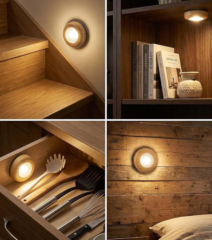 Wood Grain LED Puck Light, 6 Pack Wireless Tap Light Battery Operated, 6000K Daylight White Push Light for Under Cabinet, Closet, Wardrobe, Shelf