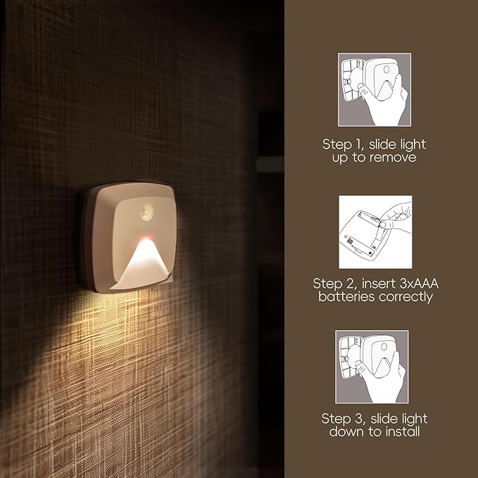 innofox 10-Pack Stick-on Motion Sensor Lights, Warm White LED Night Light, Stick-Anywhere Stair Lights, Closet Light, Battery Operated Wall Light for Kitchen, Hallway, Bedroom, Bathroom, Stairs