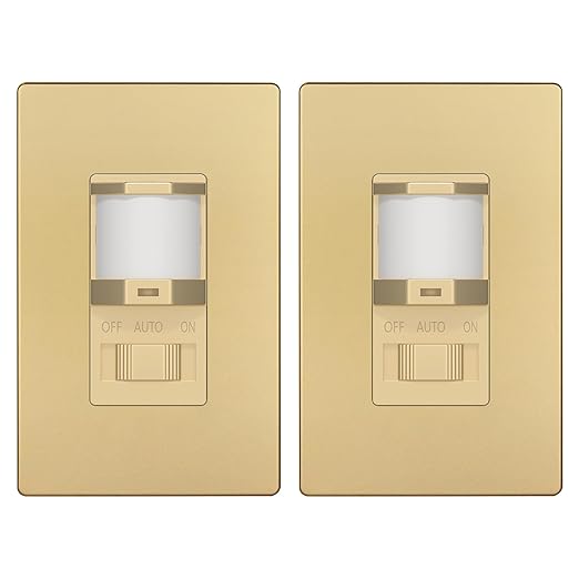 TOPGREENER Occupancy/Vacancy PIR Motion Sensor Light Switch, Learning Function, No Neutral No Ground Required, 200W Incandescent / 150W LED Load, UL Listed, Screwless Wall Plate Included, Gold, 2 Pack