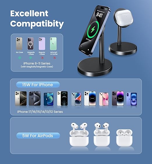 Magnetic Wireless Charger iPhone, 2 Pack 15W Fast Mag-Safe Charger Stand for iPhone 17/17 Air/17 Pro/17 Pro Max 16/15/14/13/12 Series, Wireless Charging Station for Pad/AirPods(Black)