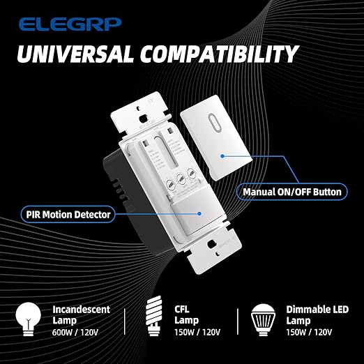 ELEGRP Single Pole Occupancy Motion Sensor Light Switch, PIR Infrared Motion Activated Switch, Need Grounding Wire, No Neutral Wire, for CFL/LED/Incandescent, with Plate, UL(2 Pack, Matte White)