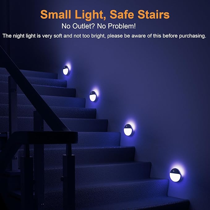 YUNLEX 2 Pack Blue Battery Night Light, Motion Activated Stick on Lights, 2.6" Small Travel Night Light, 3 Light Modes, Very Dim, Dimmable Battery Operated Lights for Toilet, Bathroom, Kids, Game Room