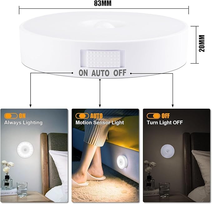 Motion Sensor Light Indoor [Upgraded 14 LEDs], 3 Pack Rechargeable Night Light, Wide Detection Range, 3 Light Modes, Bedroom Closet Lights, Anywhere Stair Light, Hallway Light - Cold White