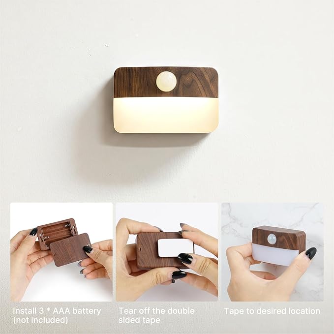 Guankai 16 Pack Motion Sensor Stair Light for Indoor, Battery Operated Closet Lights, Wireless Stick on Anywhere Hallway Lamp, Portable Led Night Lamps for Bedroom Under Cabinet Kitchen, Wood Grain