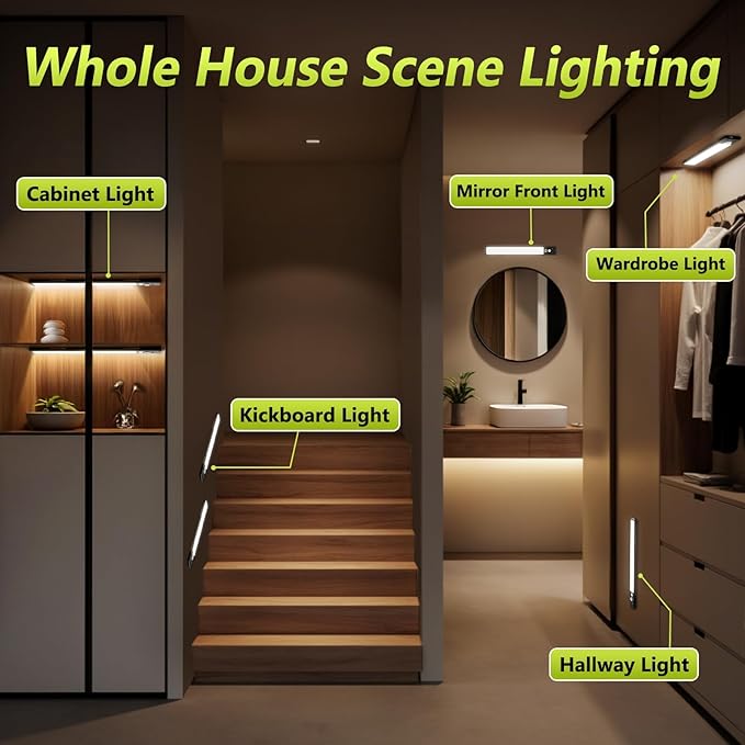 Mpotmiy 4 Pack 10" Under Cabinet Lights with Digital Display,52 LED Rechargeable Motion Sensor Light Indoor,3 Color Temperatures, Magnetic Dimmable Closet Lights, Under Counter Light for Kitchen