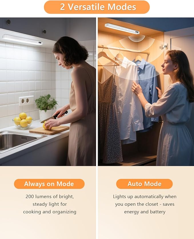 WILLED Under Cabinet & Closet Lights, Motion Sensor, Rechargeable, Magnetic, 3 Color Temps, Dimmable LED Light Bar for Indoor Kitchen Counter (4 Pack, White)