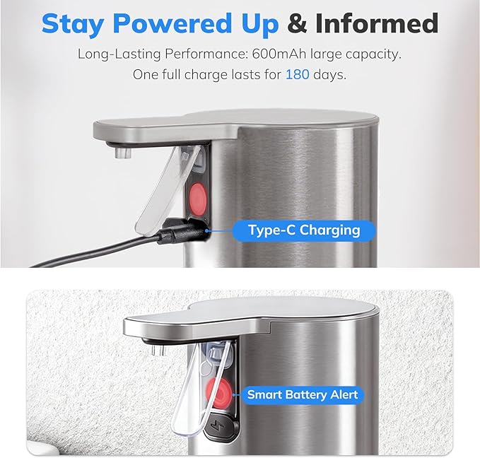 Umimile Electric Dish Soap Dispenser for Kitchen and Bathroom, 2 Mode Liquid Hand Soap Dispenser, 11.8oz Rechargeable with Type-C, IPX7 Waterproof (304 Stainless Steel)