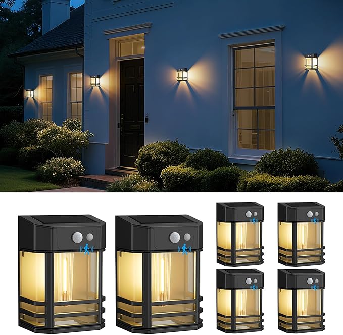 btfarm 6 Pack Solar Wall Lights Outdoor,3 Modes Motion Sensor Lights Dusk to Dawn, IP65 Waterproof Porch Light Solar Powered, 1200mAh Wireless Wall Mount Sconces for Outside Patio, Garage, Yard