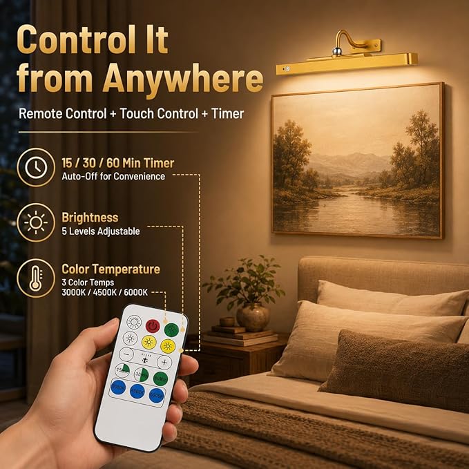 TANBABY 6000mAh Rechargeable LED Picture Lights with Motion Sensor, 3 Color Temps & 5 Levels Brightness Art Light, Cordless Remote Control Magnetic Wall Light for Hallway, Living Room(Gold-1Pack)