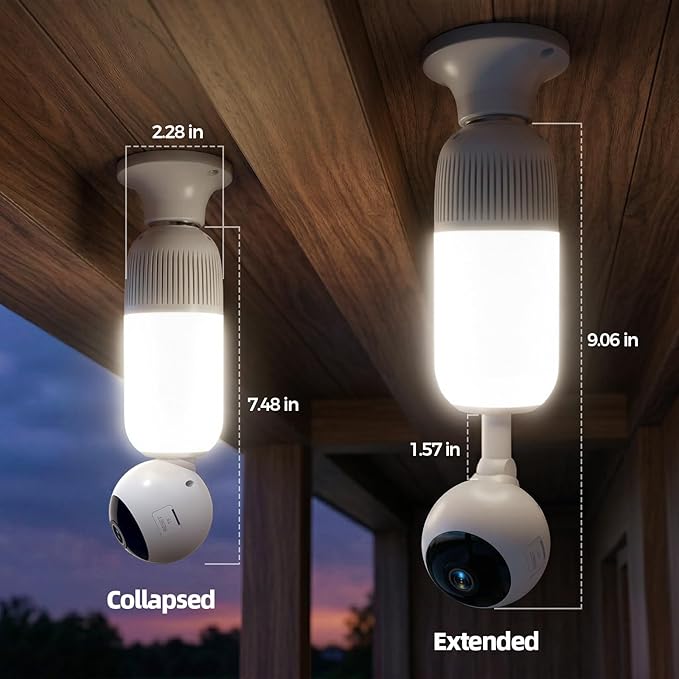 2K Light Bulb Security Cameras Outdoor Indoor - 355° Manual Pan / 110° Tilt Light Bulb Camera Wireless for Home Security with Color Night Vision, Motion Detection, SD/Cloud Storage, 2-Way Audio, Siren