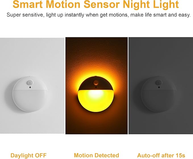 YUNLEX 2 Pack Amber Night Light, Battery Operated Night Light, 2.6" Small Sticky Lights, Dimming, 3 Light Modes, Motion Sensor Lights for Kids, Baby, Sleep, Bedroom, Bathroom, Toilet, Travel, Stairs