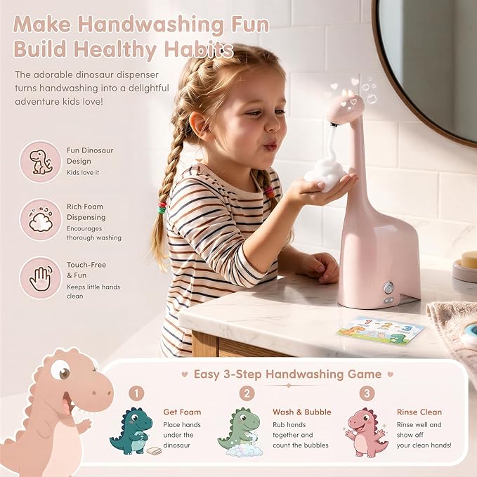 Automatic Soap Dispenser,Cute Dinosaur, Touchless, Rechargeable Foaming Soap Dispenser, 10oz/300ml, 3-Level Adjustable Foam, IPX5 Waterproof for Bathroom, Kitchen, Hotel,Restaurant, Pink