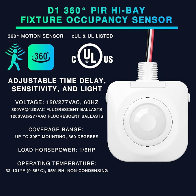 50 Pack Ceiling Occupancy Motion Sensor, Passive Infrared Technology, High Bay Fixture Mount 360 Degree, Hard-Wired, 120-277 VAC, Commercial/Industrial Grade