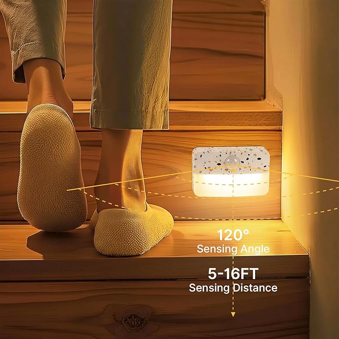 Guankai 3 Pack Motion Sensor Stair Light for Indoor, Battery Operated Closet Lights, Wireless Stick on Anywhere Hallway Lamp, Portable Led Night Lamps for Bedroom Under Cabinet Kitchen,Terrazzo White