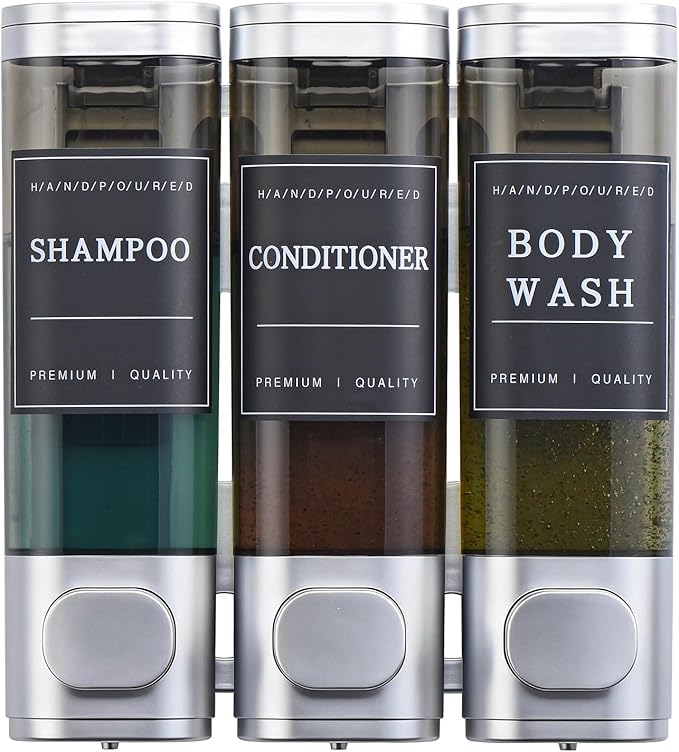 Shampoo and Conditioner Dispenser,Shower Soap Dispenser 3 Chamber No Drill Wall-Mounted Shampoo Dispenser for Shower Wall Mounted Shower Dispenser for Bathroom Hotel Large Capacity,Silver