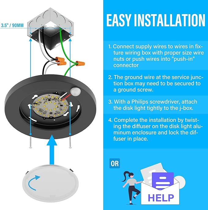 ZAGO LED 6" 120 Volts Closet Light Wired, PIR Motion Sensor Ceiling Disc Light, 15W, 1100 Lumens, CRI>80, 3000K Warm White for Closet, Laundry, Garage, Pantry, Wet Location, ETL, Black, 2 Packs