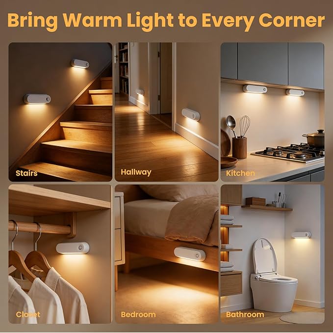 Motion Sensor Night Light, 1800mAh Rechargeable Battery Operated Step Lights, 3000K Warm White Wireless Under Cabinet Lighting for Stairs, Hallway, Closet, Bedroom, Kitchen (2 Pack)