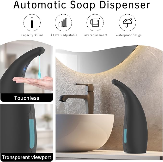 Automatic Liquid Soap Dispenser,300ML Touchless 4 Gear Adjustable,Countertop Electric Battery Operated Hand Soap Dispenser with Sensor for Bathroom,Kitchen,Office（Black）