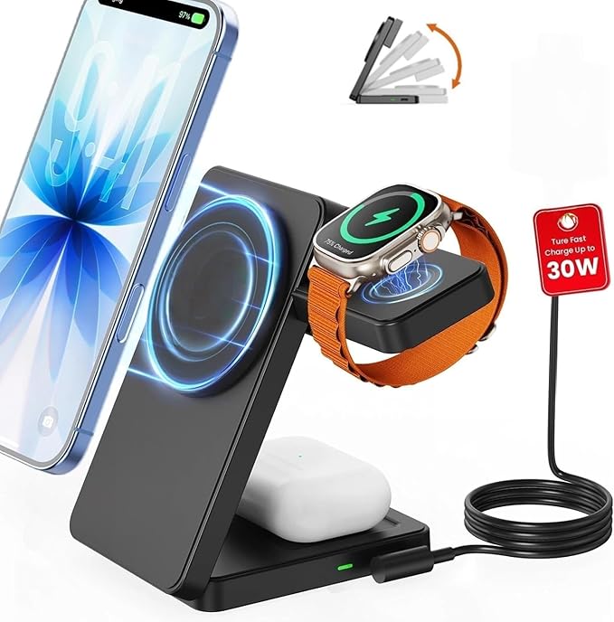 Magnetic Wireless Charging Station for Apple: Upgraded Certified 15W 3-in-1 Magsafe Wireless Charger Stand, Foldable Travel Fast Charger for iPhone 17 16 15 14 13 12 Series, Apple Watch, AirPods
