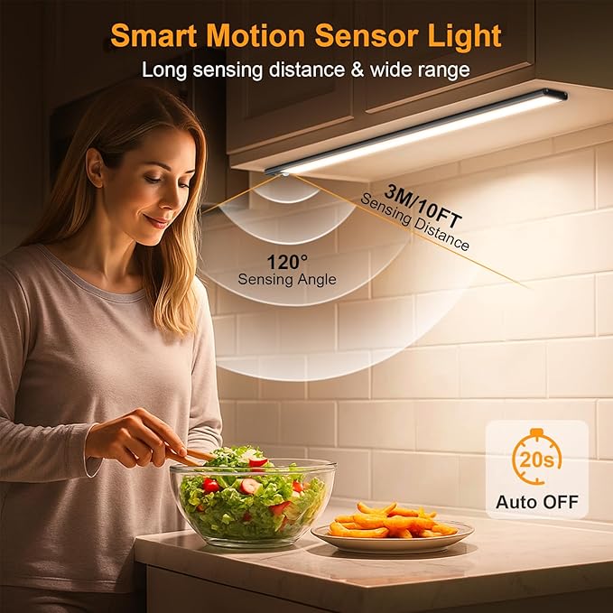 Gritin 14.7inch Under Cabinet Lighting Rechargeable 2 Pack- 3 Color Temps&5 Level Brightness, Super Bright, 4 Modes, Motion Sensor, Long Lasting - Easy Installation Magnetic Under Closet Lights-Black