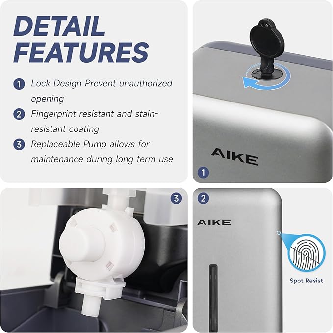 AIKE Wall Mount Liquid Soap Dispenser for Commercial Bathroom 27oz Large Capacity Manual Push Pump Silver